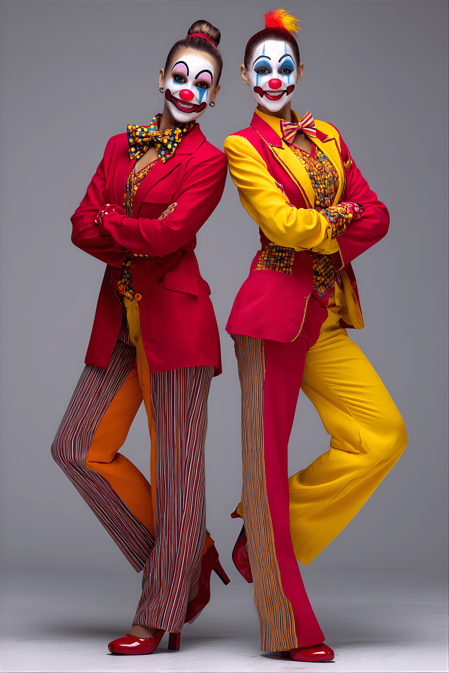 AI generated: funny caricature, quirky clown duo, female, unspecified ethnicity, 30 years old, painted faces, mism...