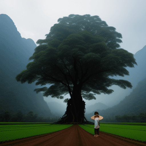 AI generated: A Thai farmer stands next to a big tree in front of a mountain during the morning.