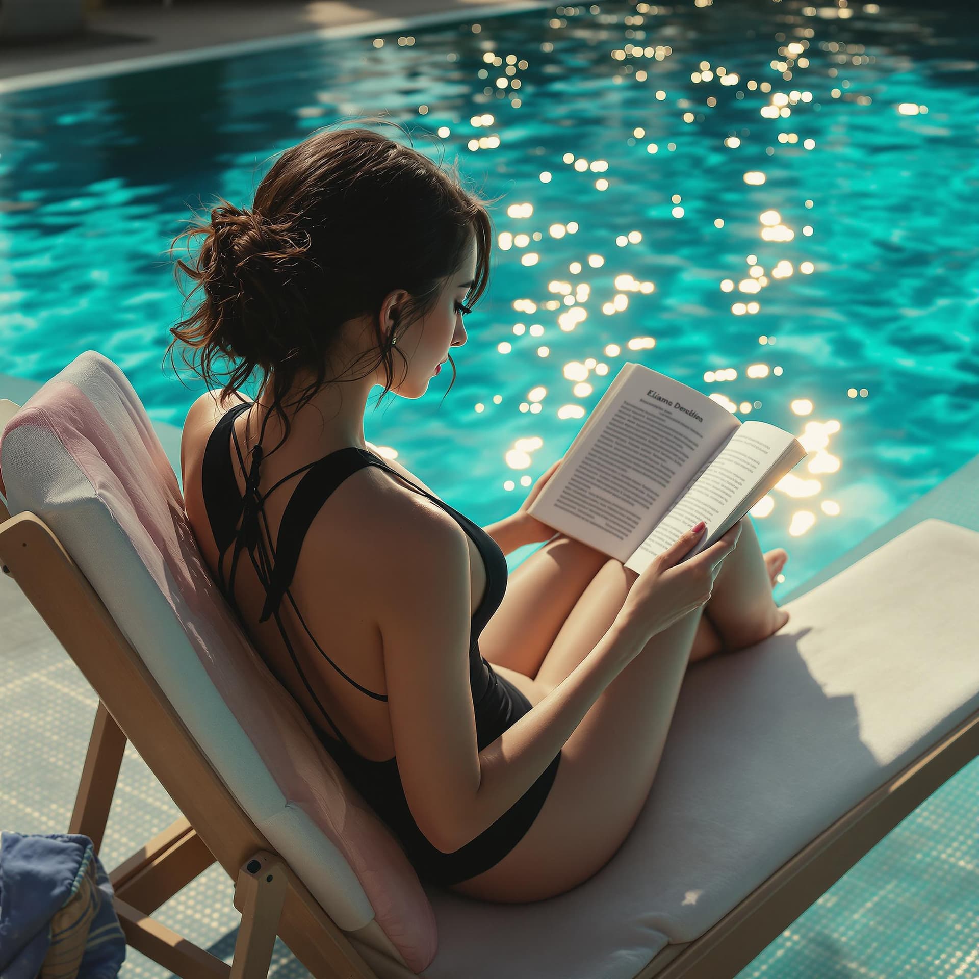 AI generated: woman in a black swimsuit, beach chair, reading a book, poolside setting, Elaine Duillo style, super...
