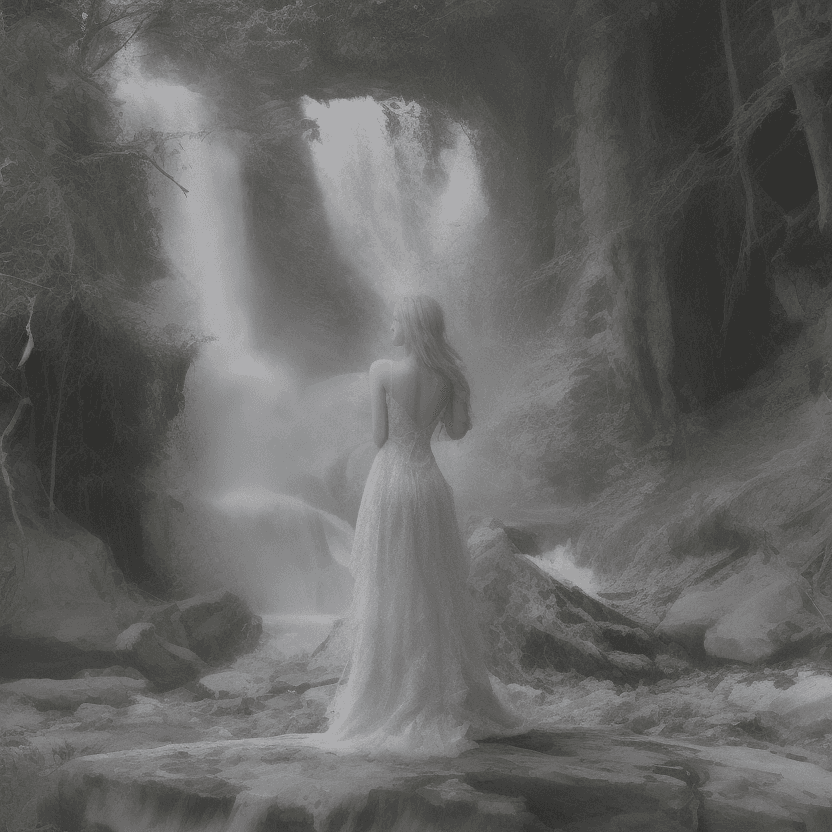 AI generated: a woman in a long, flowing dress standing in front of a waterfall, with her body facing the camera a...