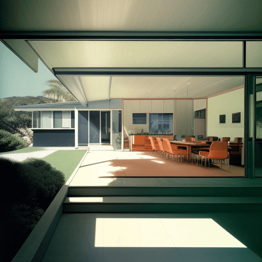 AI generated: Hyper realistic eye level exterior photo of a mid century modern style house overlooking the ocean, ...