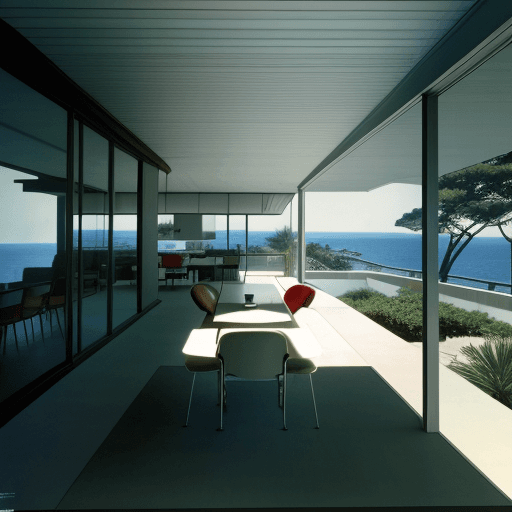 AI generated: Hyper realistic eye level exterior photo of a mid century modern style house overlooking the ocean, ...