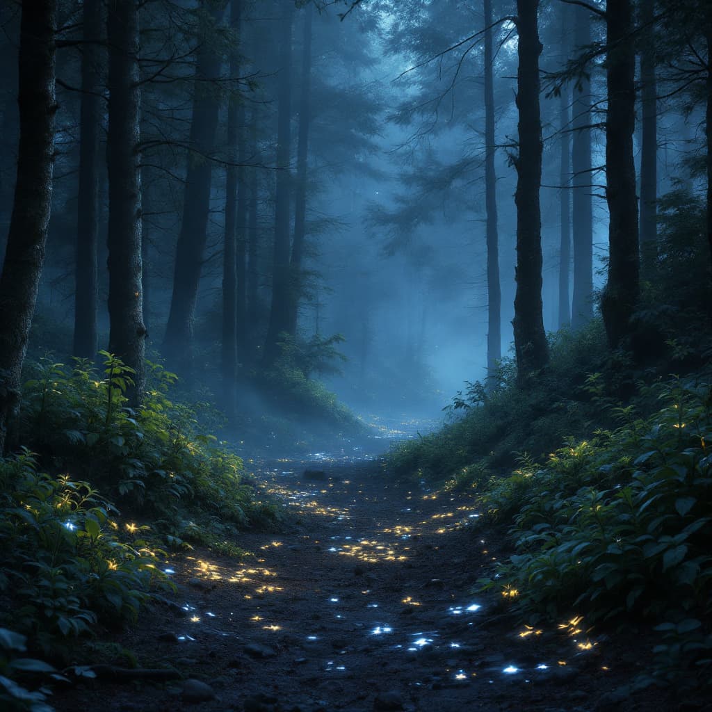 AI generated: 29.	forest floor covered in bioluminescent plants, mist curling between trees --v 7 --style magical ...