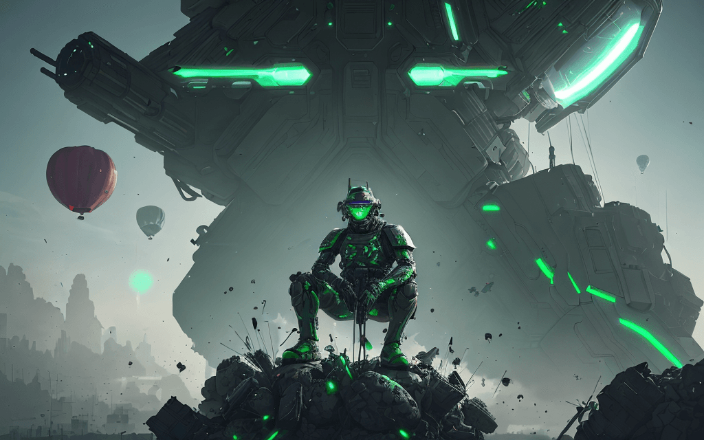 AI generated: brutal man warrior stands and holding a M41A Pulse Rifle in his hands, after the battle, sitting on ...