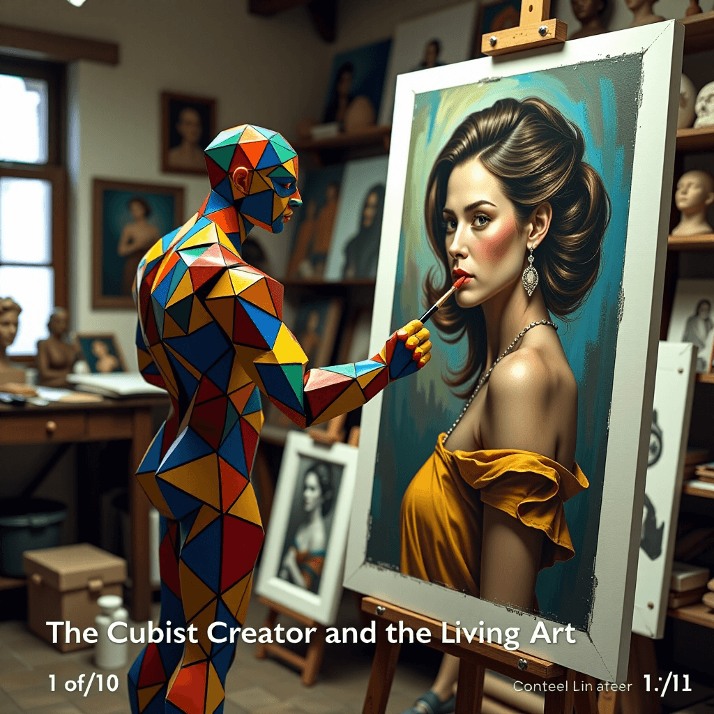 AI generated: The Cubist Creator and the Living Art - 1 of 10: In a cluttered artist's atelier filled with canvase...