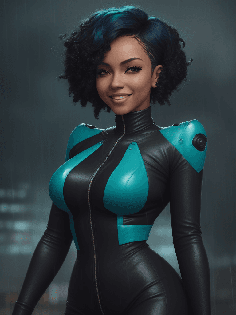 AI generated: a woman with short peppered hair standing in the rain, (Nessa Barrett), smiling, wearing a (crop jac...