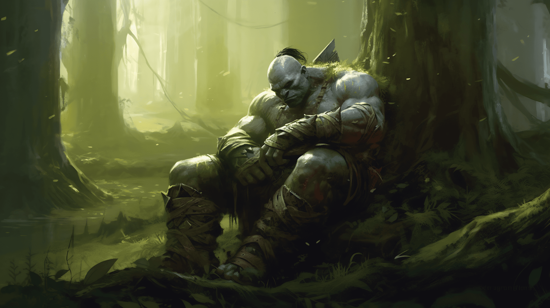 AI generated: Picture a muscular, half-naked orc, resting in the heart of a lush forest. The orc's green skin glis...