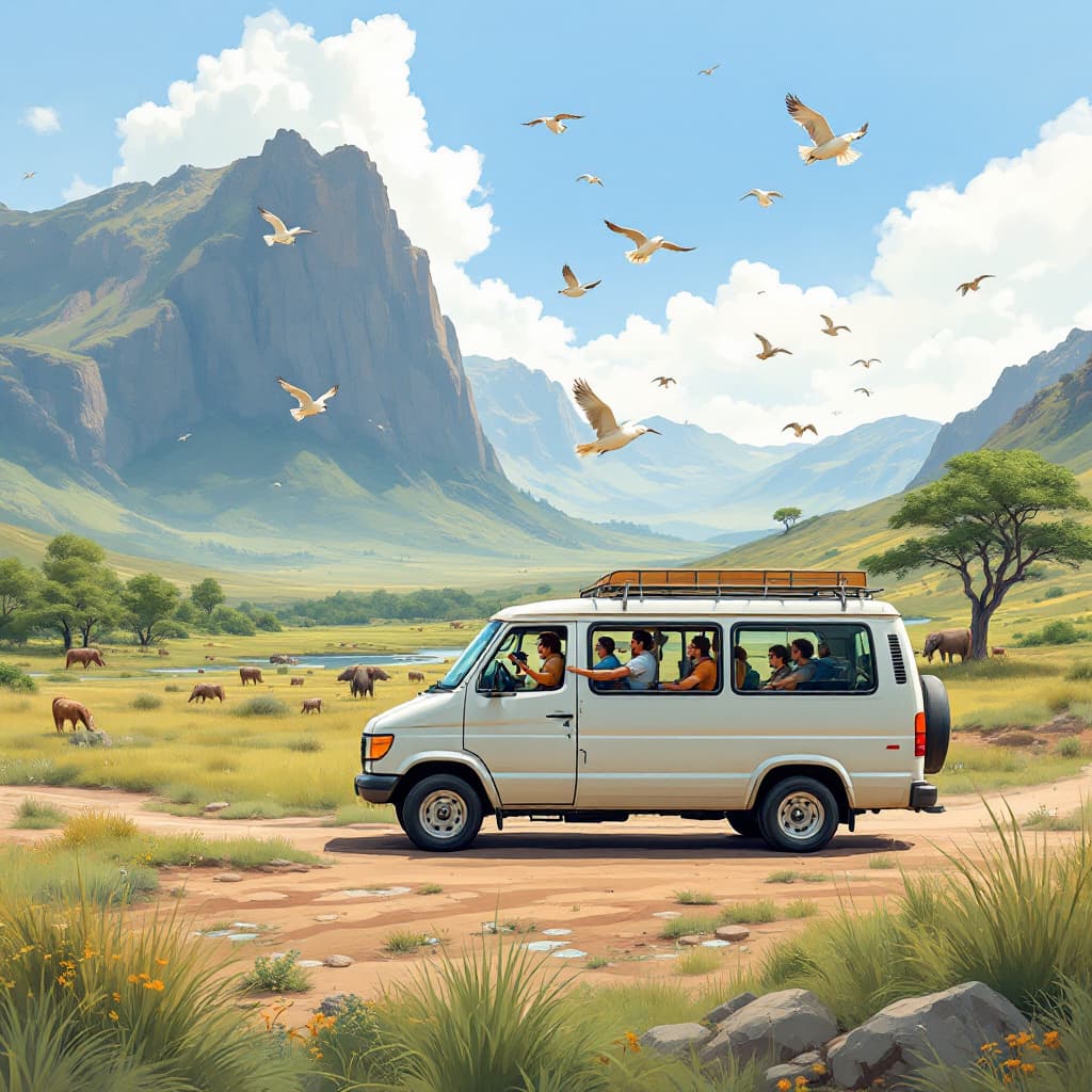 AI generated: image of tourist touring a national park in their tour van, with several birds in the air, and wildl...