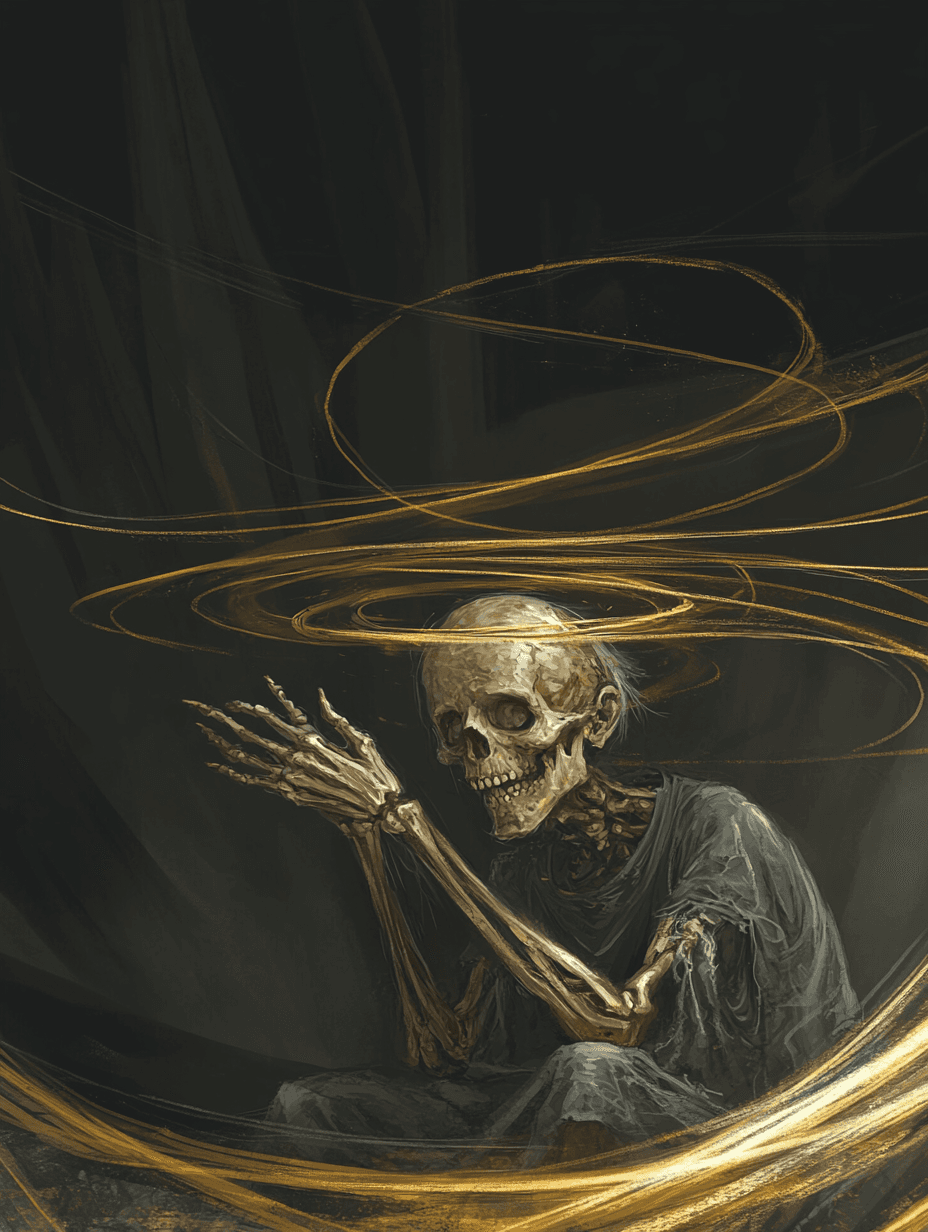 AI generated: eyes and an unnerving, distorted grin. The background is pitch black with faint, ominous golden line...