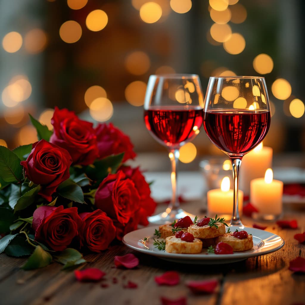 AI generated: Create a high-quality photo of a romantic dinner scene set for Valentine’s Day. The image should fea...