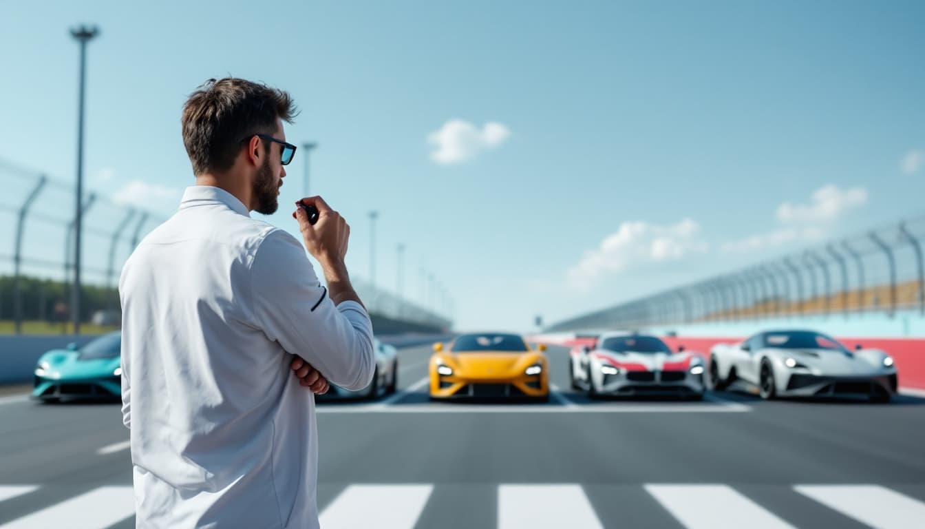 AI generated: The starter is a man standing on the side of the racing cars on the side of the track in a white spo...