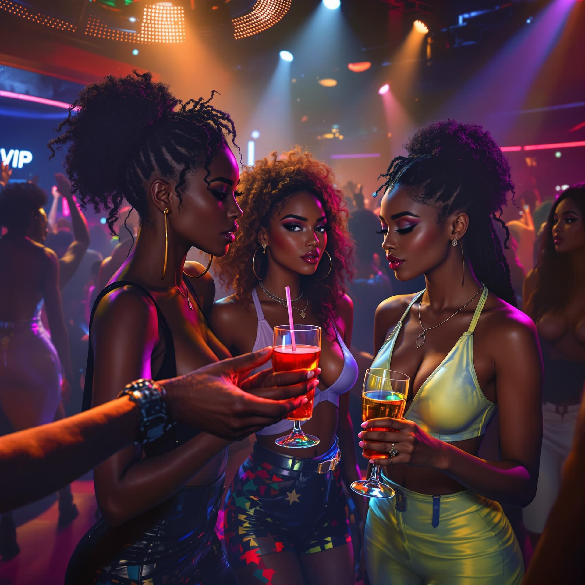 AI generated: an african american man's hand is out being offered to 3 very attractive african american of differe...