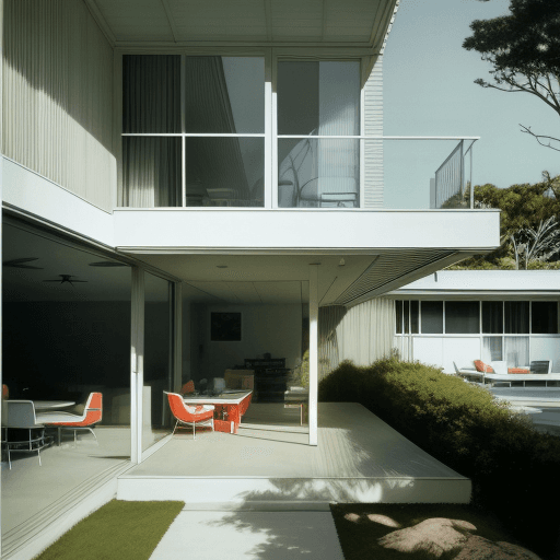 AI generated: Hyper realistic eye level exterior photo of a mid century modern style house overlooking the ocean, ...