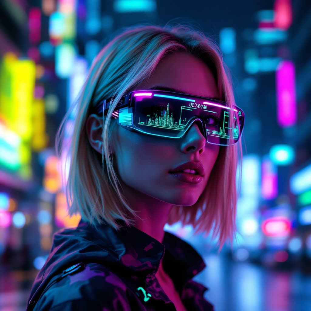 AI generated: A futuristic digital illustration features a woman wearing augmented reality glasses in a vibrantly ...