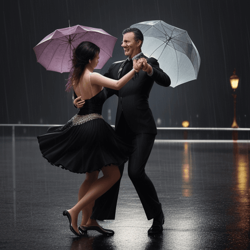 AI generated: a man dancing with his dod enjoyful at rainy time