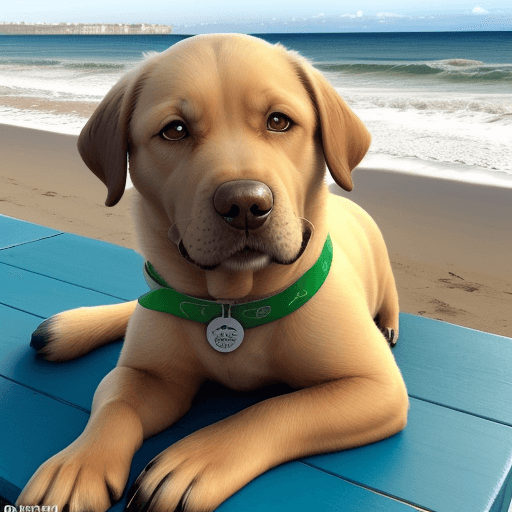 AI generated: foto realista de una perra labrador color miel, de ojos verdes y nariz café, de 7 años y con un grad...