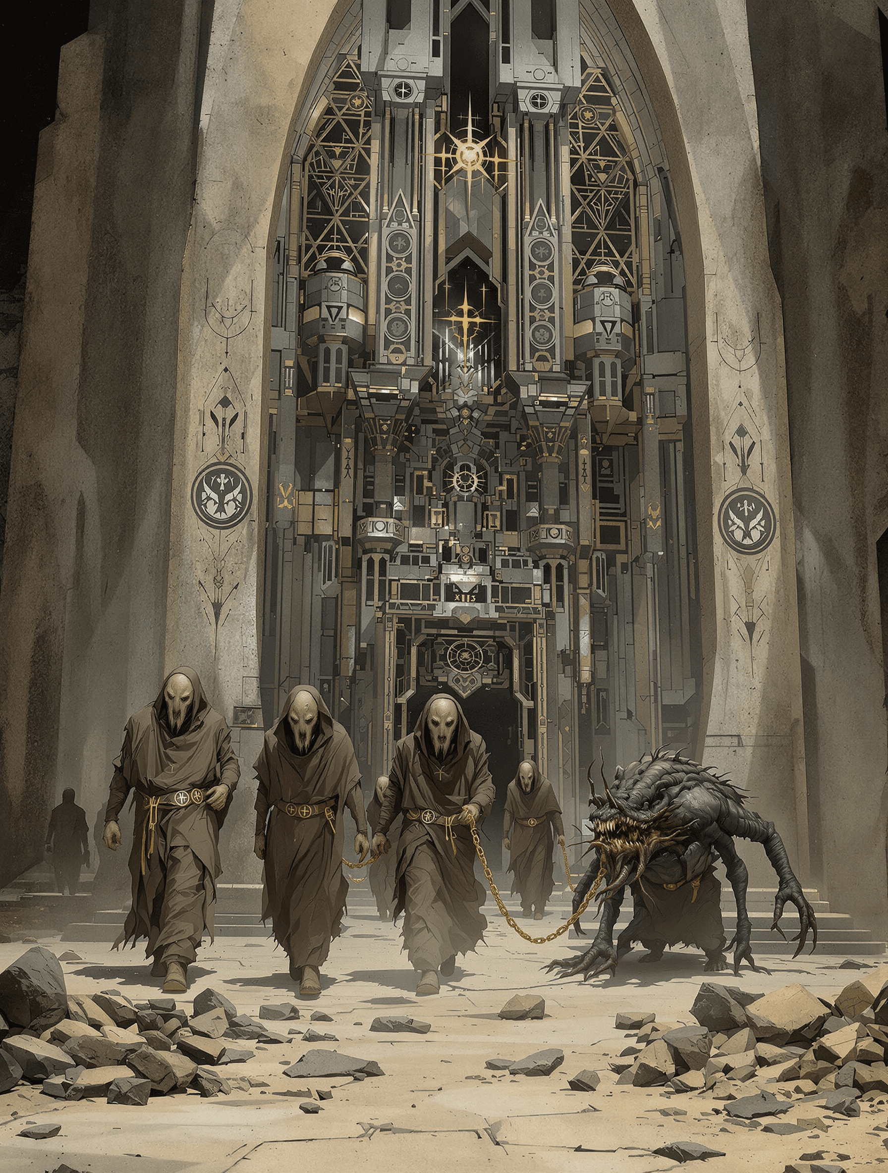 AI generated: /Artprompt Sci-fi, create a dystopian futuristic scene depicting (a group of strange mystical beings...