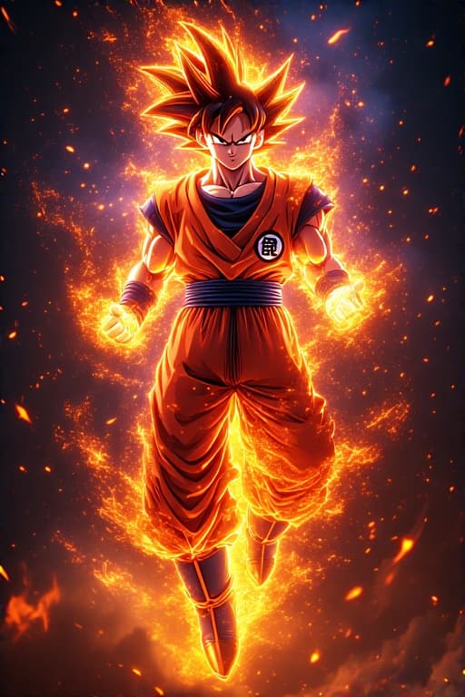AI generated: Dragonball Z Goku transforms into Super Saiyan in incendiary display of fire enveloping bending to h...