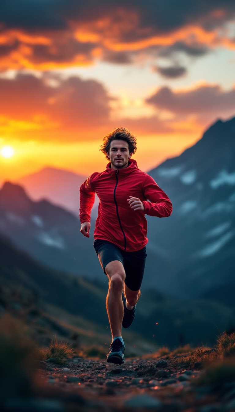 AI generated: A young European nationality person 30 years old in athletic wear, runing against a mountain sunset ...