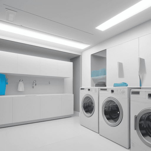 AI generated:  A white (high-tech:1) washing machine showroom with a (futuristic:1) design style, simple and clean