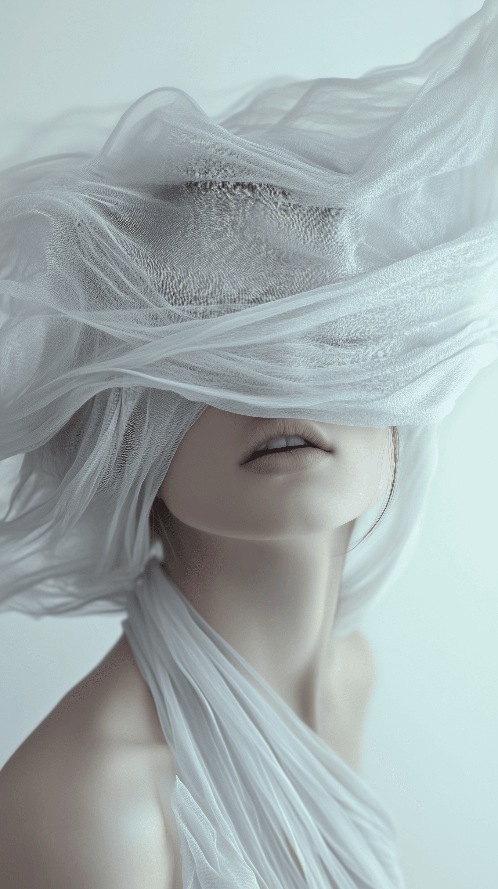 AI generated: depict a surreal portrait of a woman, her head dramatically titled back against a stark white backgr...