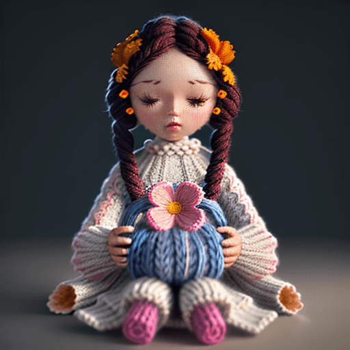 AI generated: Cute knit doll of woman with a flower, intricate artwork, bright colours, octane render, artwork, ci...