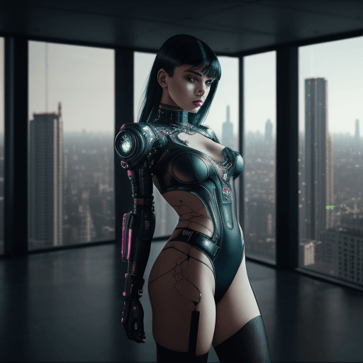 AI generated: cinematic photo a centered model, whole body, fashion model, {{Cyberpunk Girl within a futuristc roo...