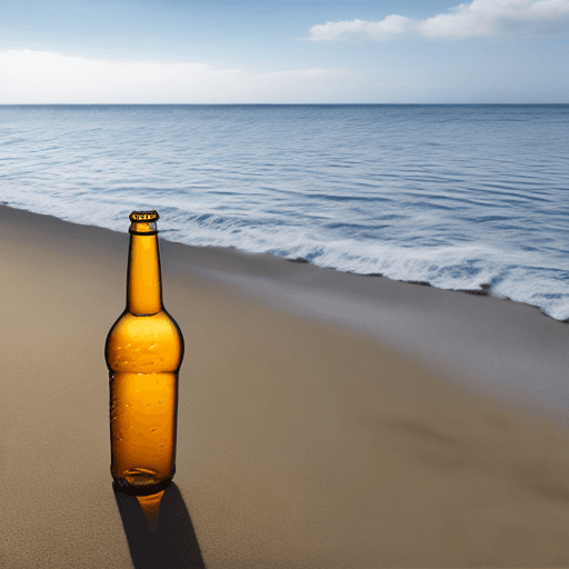 AI generated: UNA BOTELLA SOBRE ARENA DE UNA PLAYA , EN LA BOTELLA SE LEE CERVEZA COSTEÑA