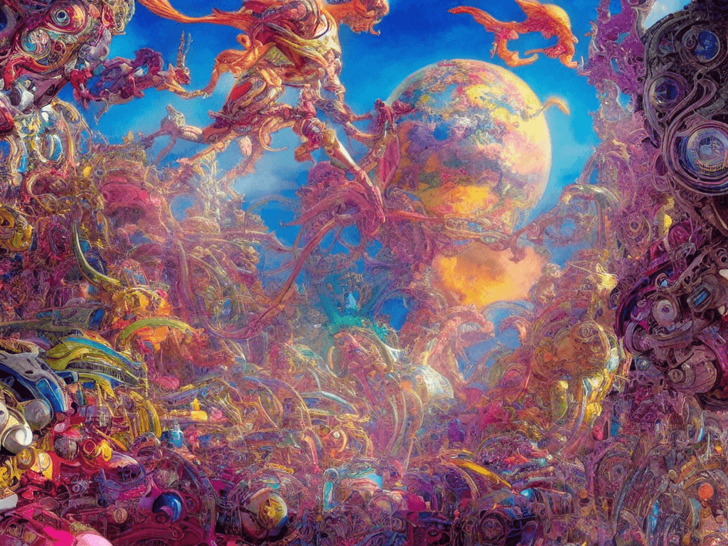 AI generated: A vibrant, colorful world of the future, where mankind, aliens, and AI live in peace and joy. Cinema...