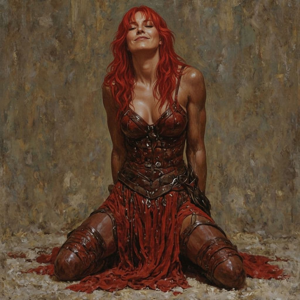 AI generated: red sonya bound and on the floor kneeling in her armor. there is a smirk of defiance on her face as ...