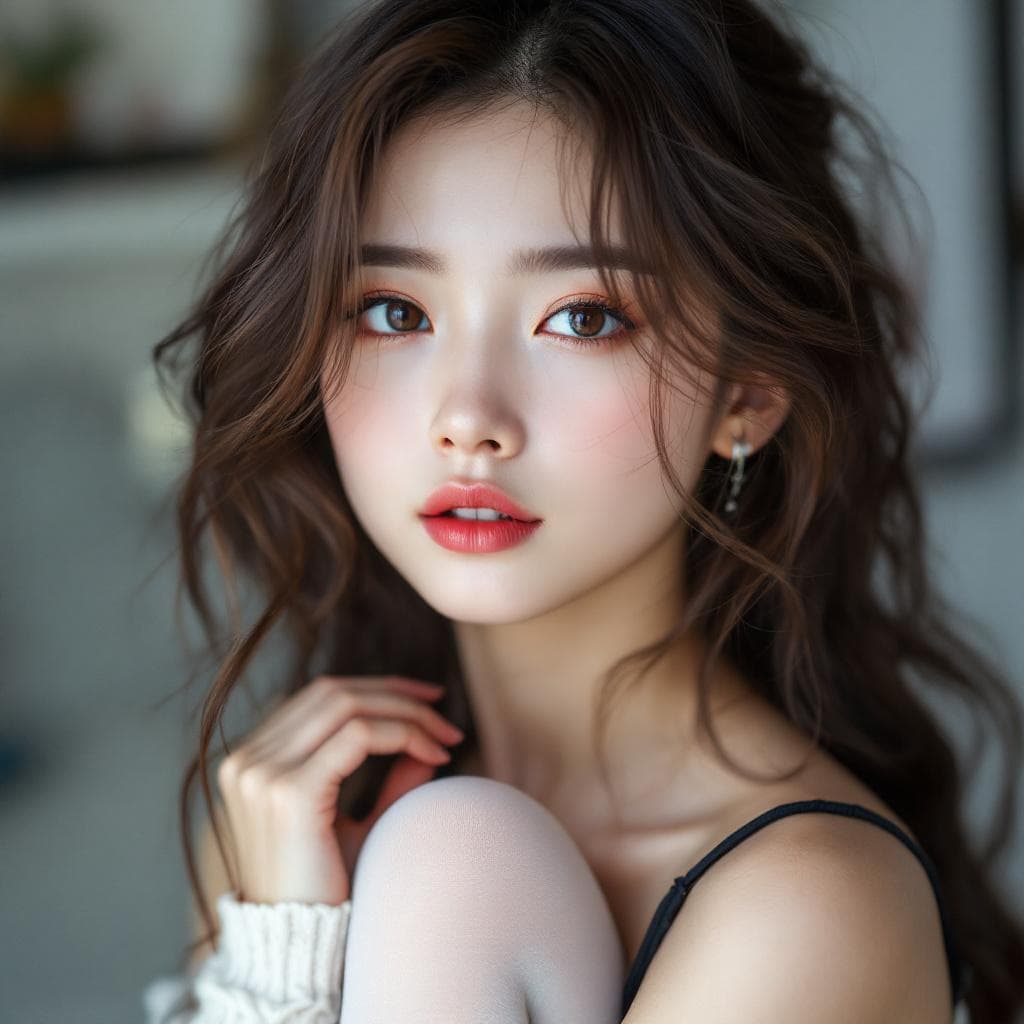 AI generated: Generate a photo of a girl with a small Asian face.Full-body photo. sexy. Wear white stockings.There...