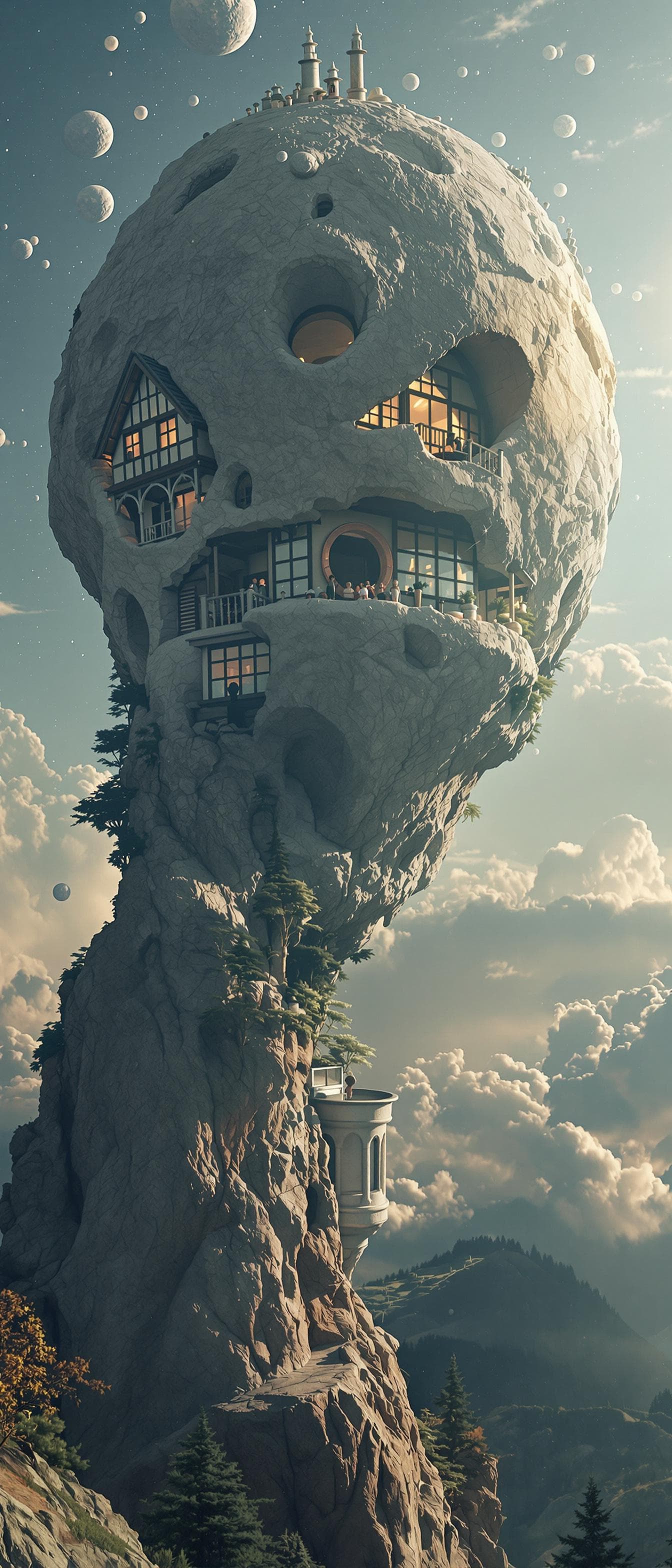 AI generated: a house carved out of a large asteroid hovering in the sky::surrealist dreamlike imagery::i can’t be...