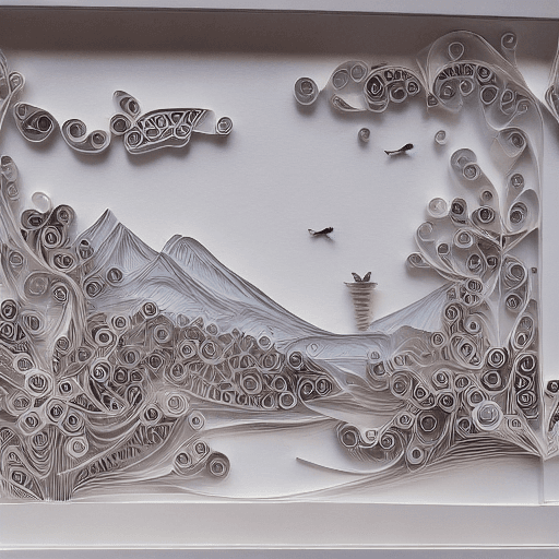 AI generated: Paper quilling, paper cut art, paper illustration, night mountains, birds flying, two color, very de...