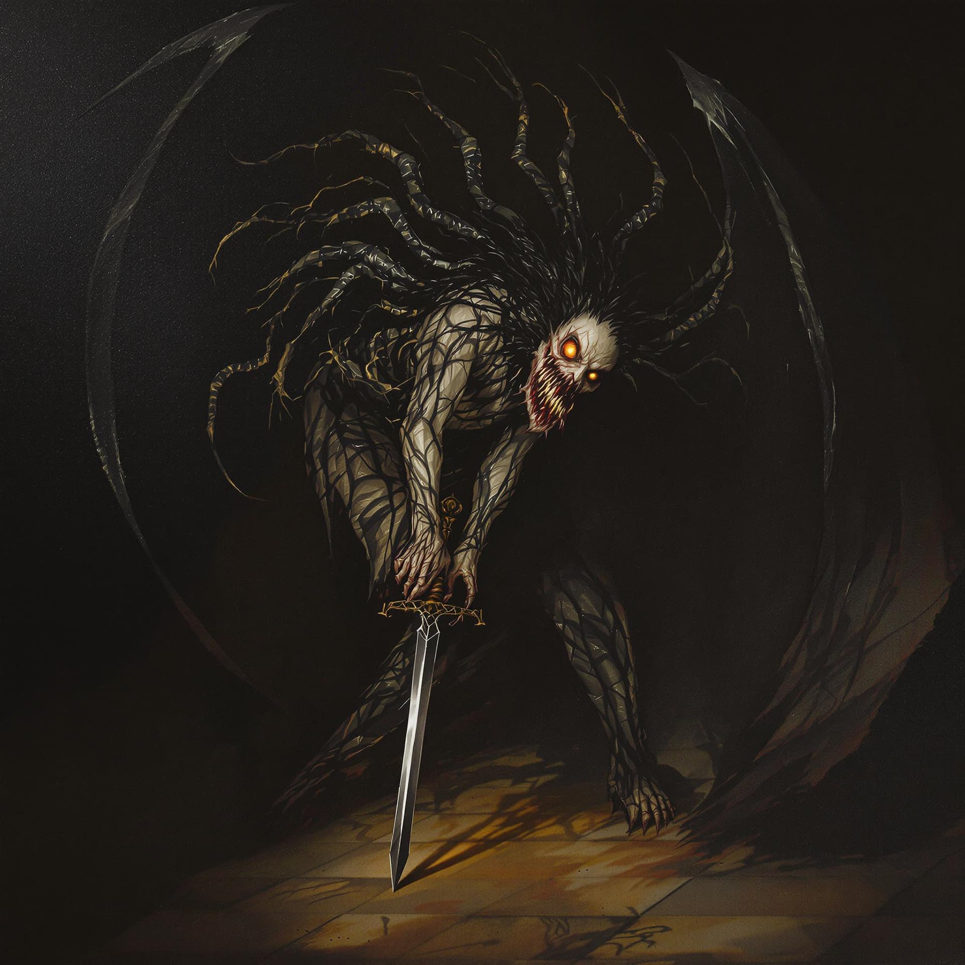 AI generated: A dark and macabre 9 by 21 portrait depicting a side-view of a twisted, abominable female well-defin...