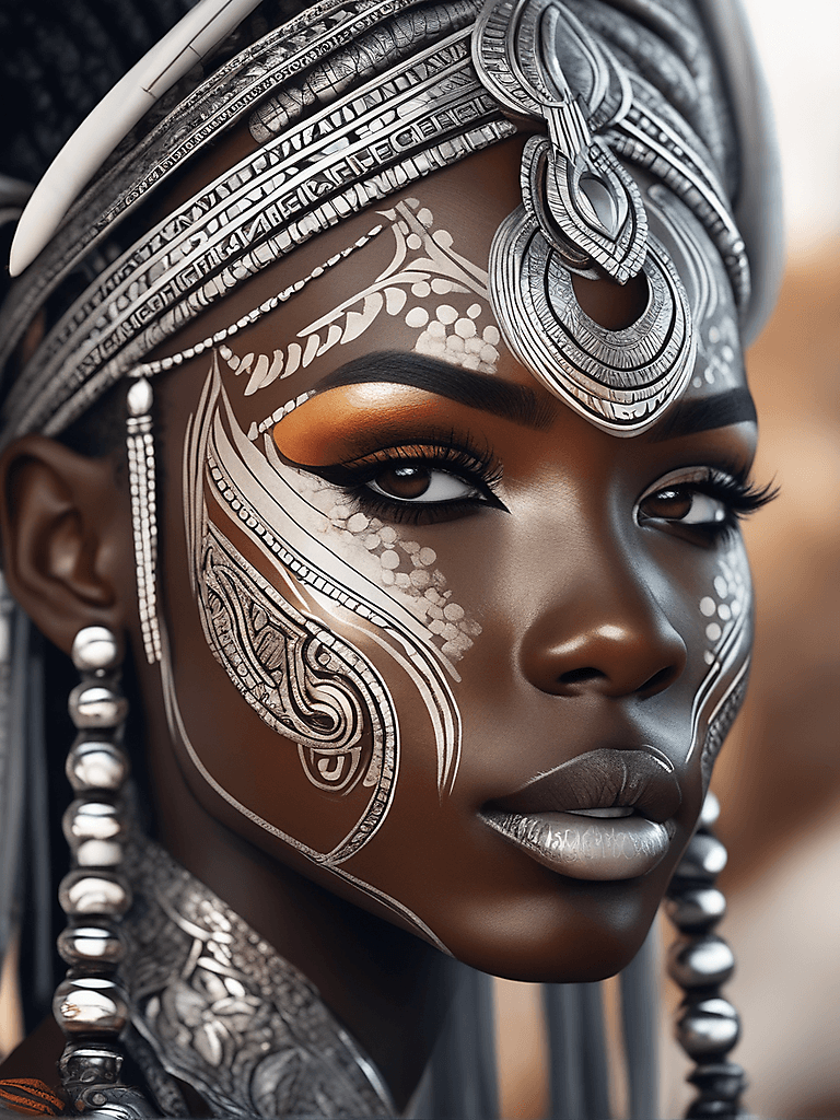 AI generated: intricate closeup shot, masterpiece artwork, black skin-tight body, tribal, suit, white accent, deta...