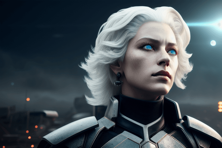 AI generated: a beautiful white-haired queen, future themed, ((wearing black formal clothes, black mechanical outf...