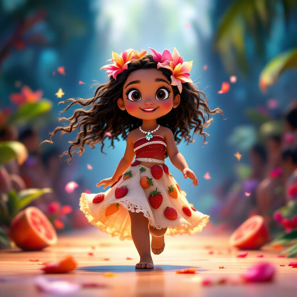 AI generated: Adorable baby Disney princess Moana struts confidently down a tropical catwalk, twirling softly in a...