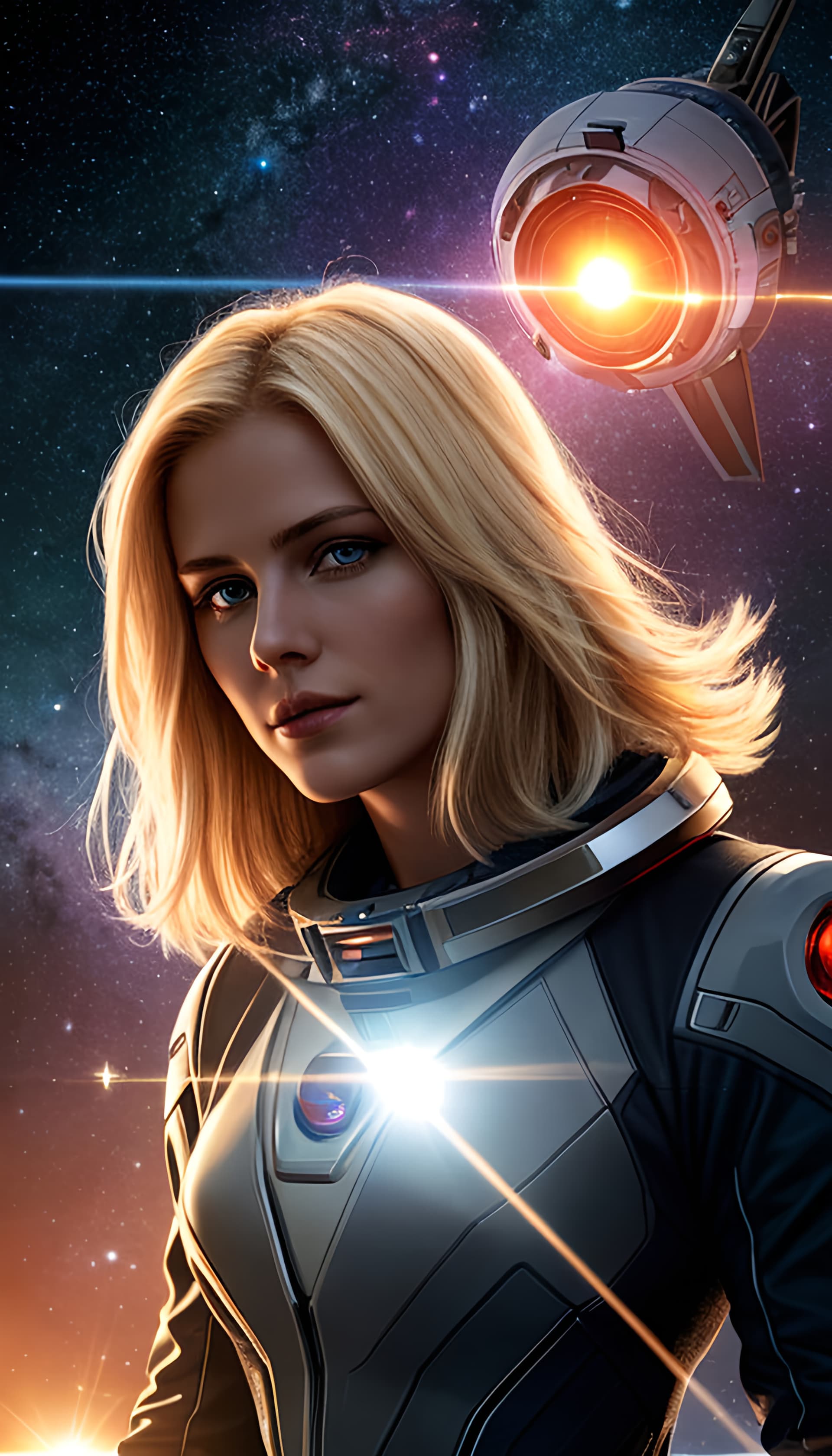 AI generated: A starfield sci-fi poster of female characters with short blond straight hair, looking towards camer...