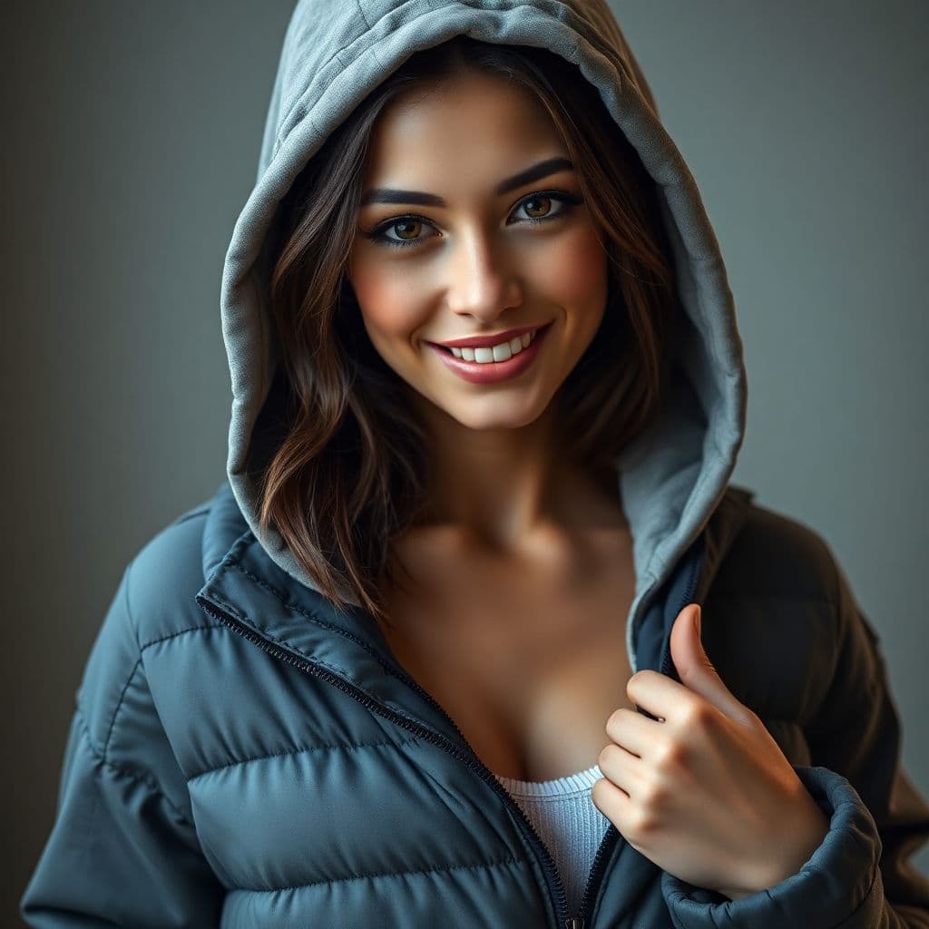 AI generated: gorgeous female wearing hoodie, downblouse, smile, extended downblouse, attractive, flirting, (((upp...