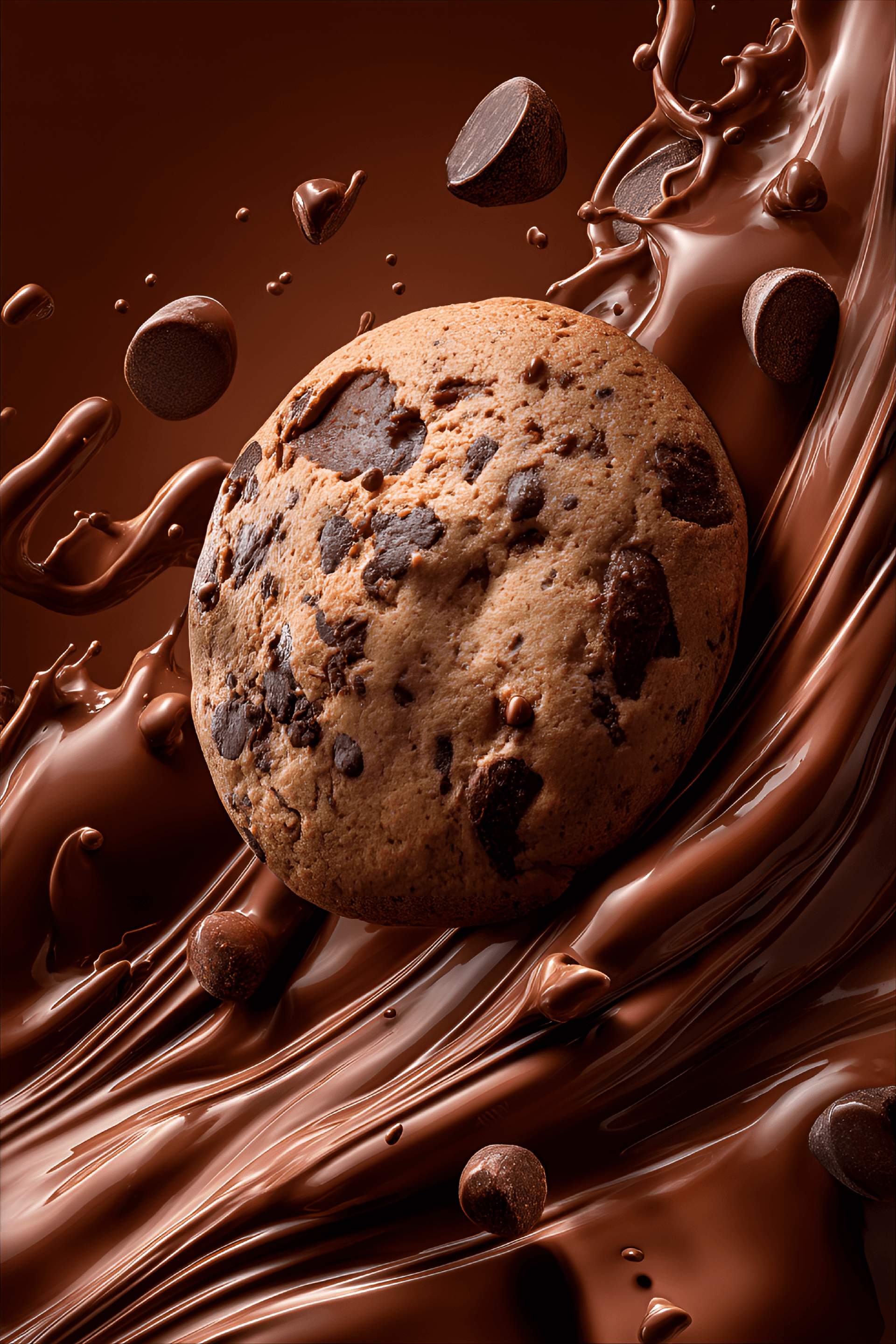 AI generated: chocolate chip cookie is centered in a close-up image, surrounded by splashes and streams of melted ...