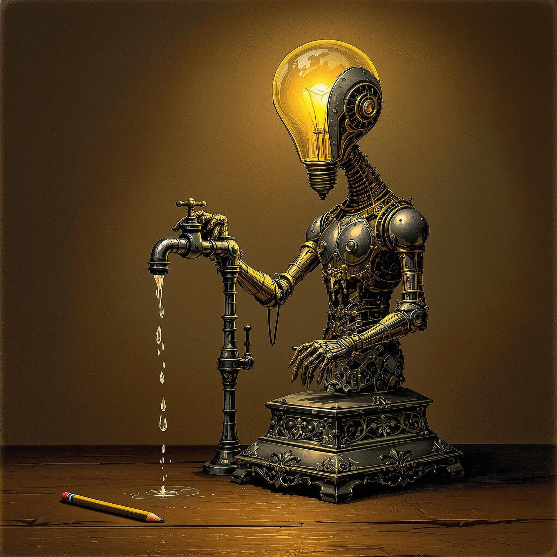 AI generated: A captivating dark fantasy illustration showcases an intricately designed metallic figure with a lig...