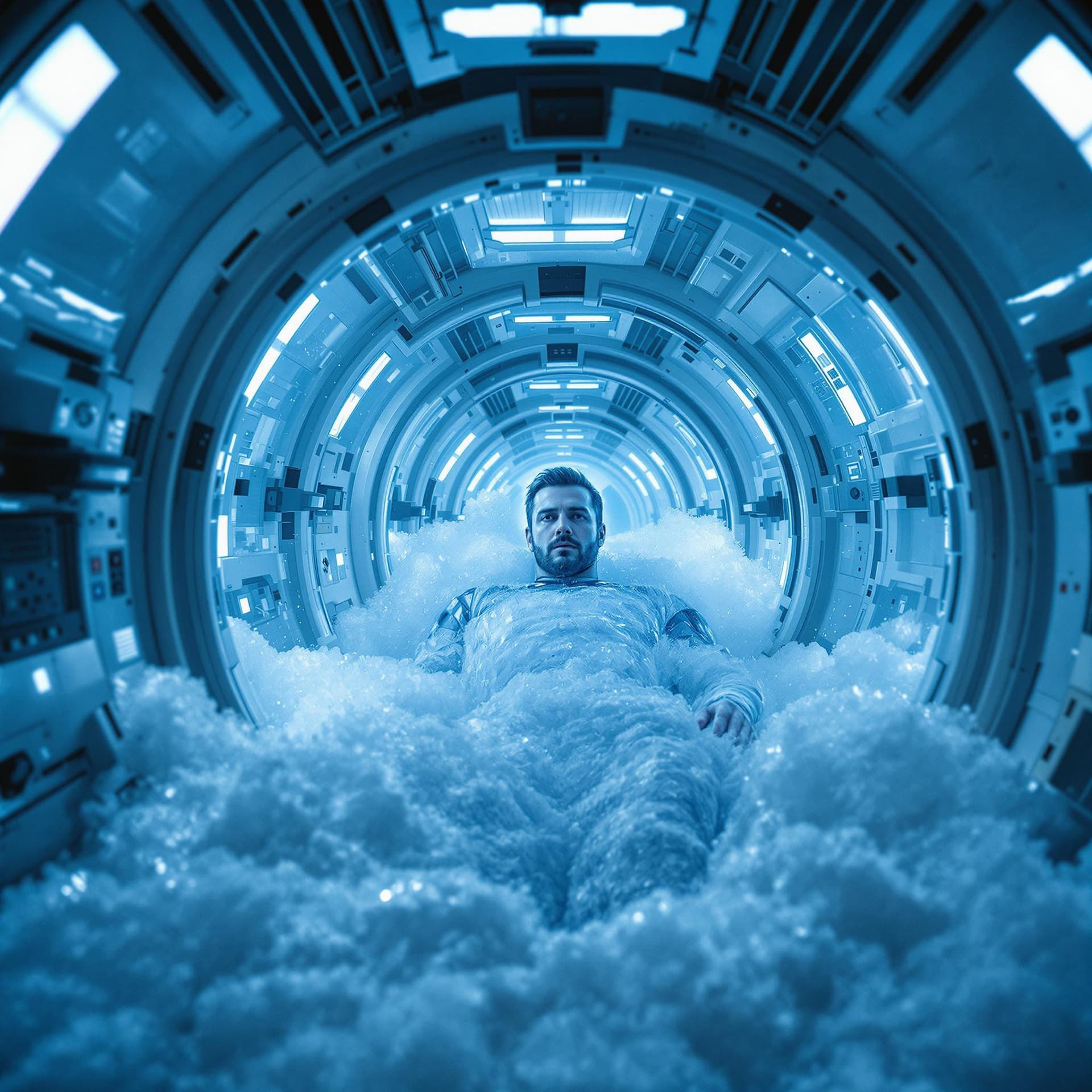 AI generated: A  man, frozen in ice inside an airlock tank, in the middle of a row with other cryo tanks. in a cyb...