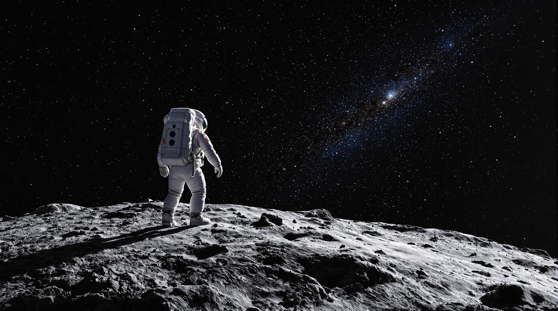 AI generated: Highly realistic Astronaut on the moon with the sky filled with black space, cold colour palette, mu...