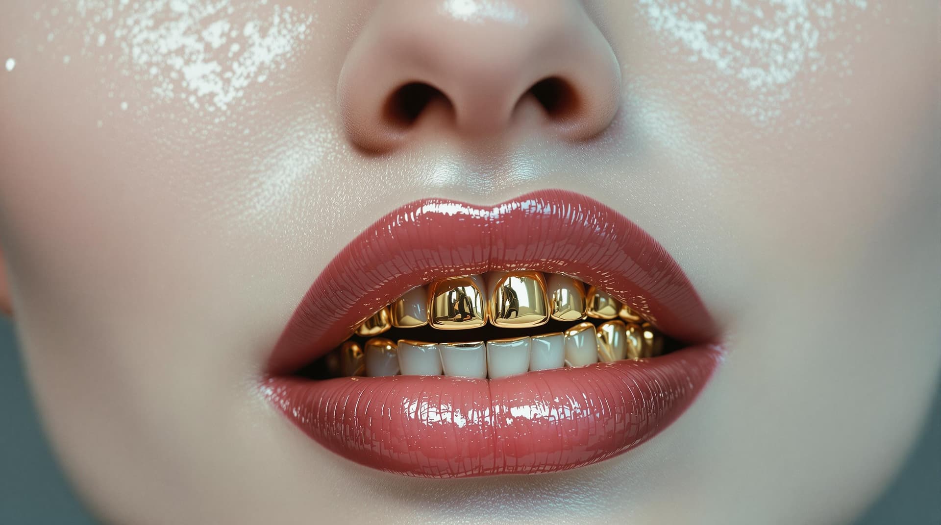AI generated: a woman with a large jaw and gold teeth, in the style of futuristic minimalism, restrained forms, da...