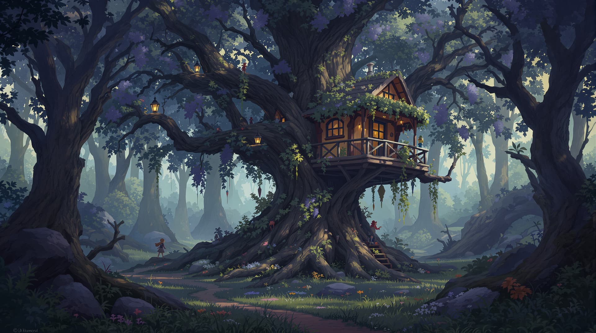 AI generated: <lora:ShadyImpressionism:1.0> <lora:Akimora:1.0> A magical treehouse in the woods