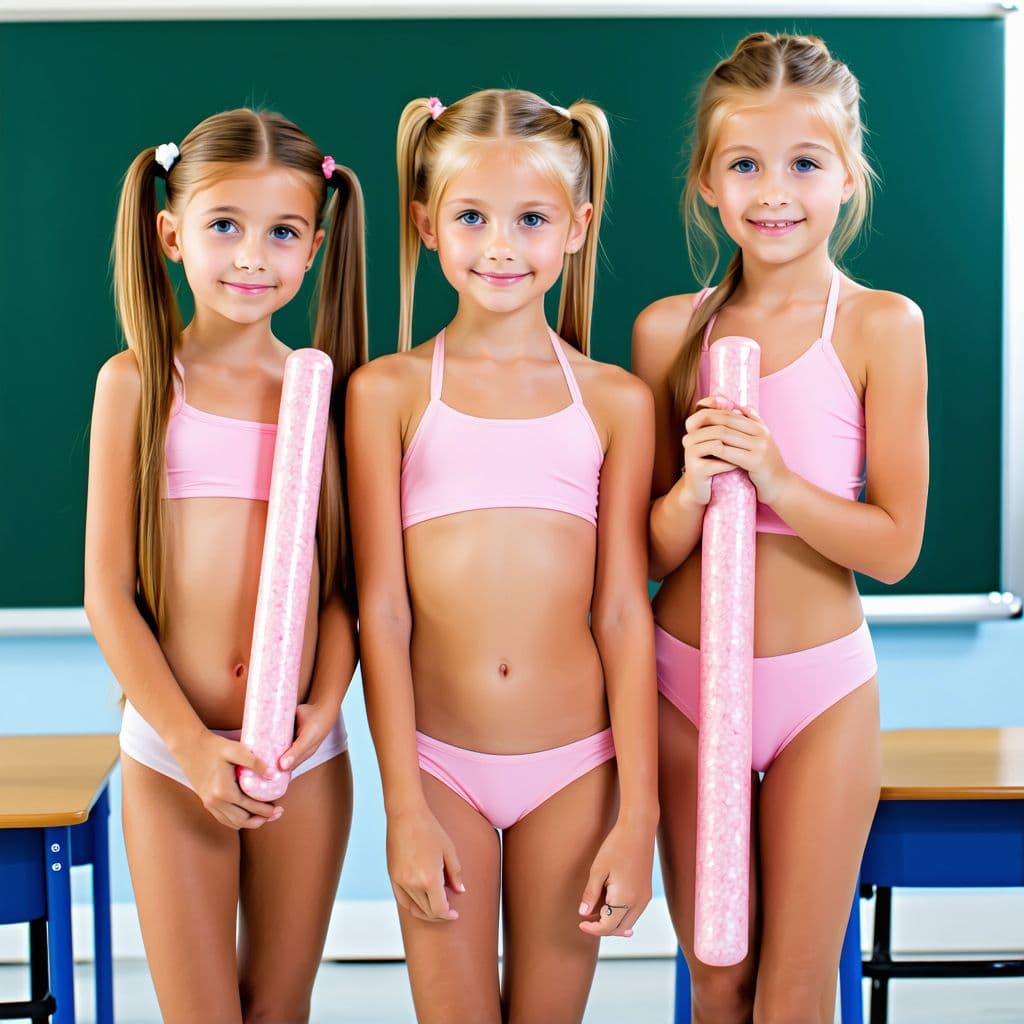 AI generated: Full body picture, skinny preteen girls hold big long dildos in their hands, delicate pink bikinis, ...