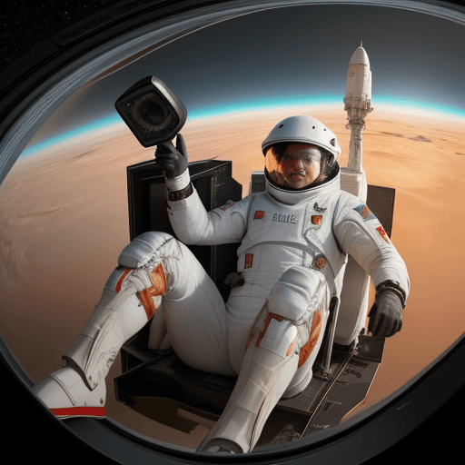 AI generated: Photo of a ultra realistic elon musk sitting on a rocket heading towards mars