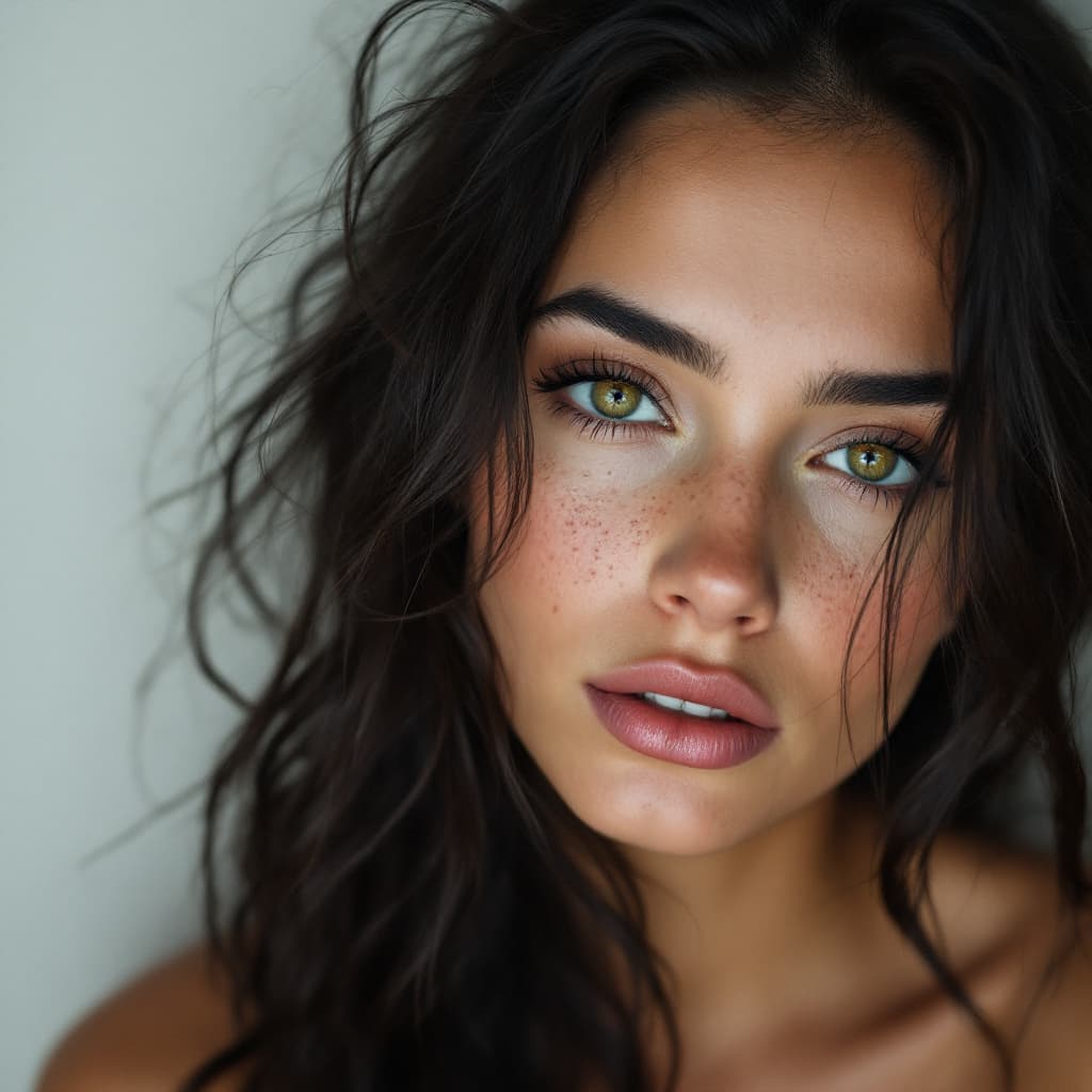AI generated: full nude idnain Close-up portrait of a woman with green eyes, light freckles, and dark hair styled ...
