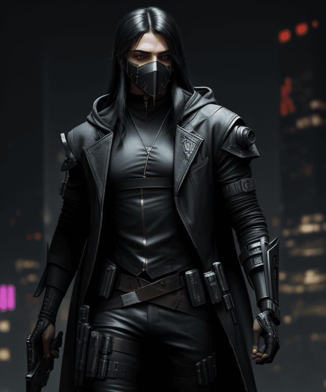AI generated: Cyberpunk, robin hood, revolver, stylish, masked, dark clothes, black long hair, male, kapiszon, hig...