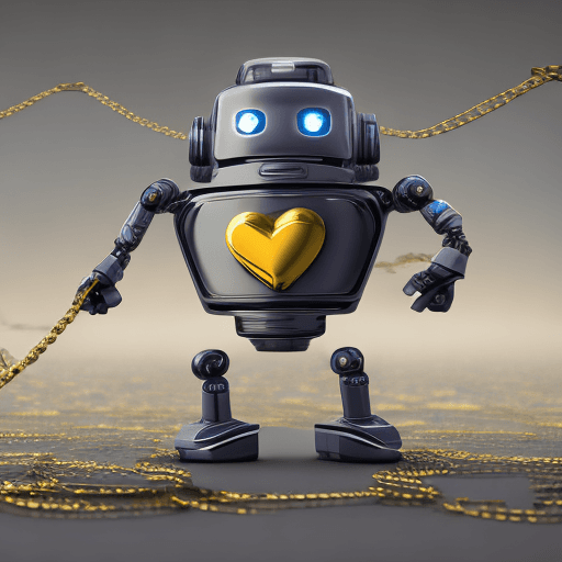 AI generated: A robot with a coin instead of a heart, standing in front of a background of interconnecting block c...